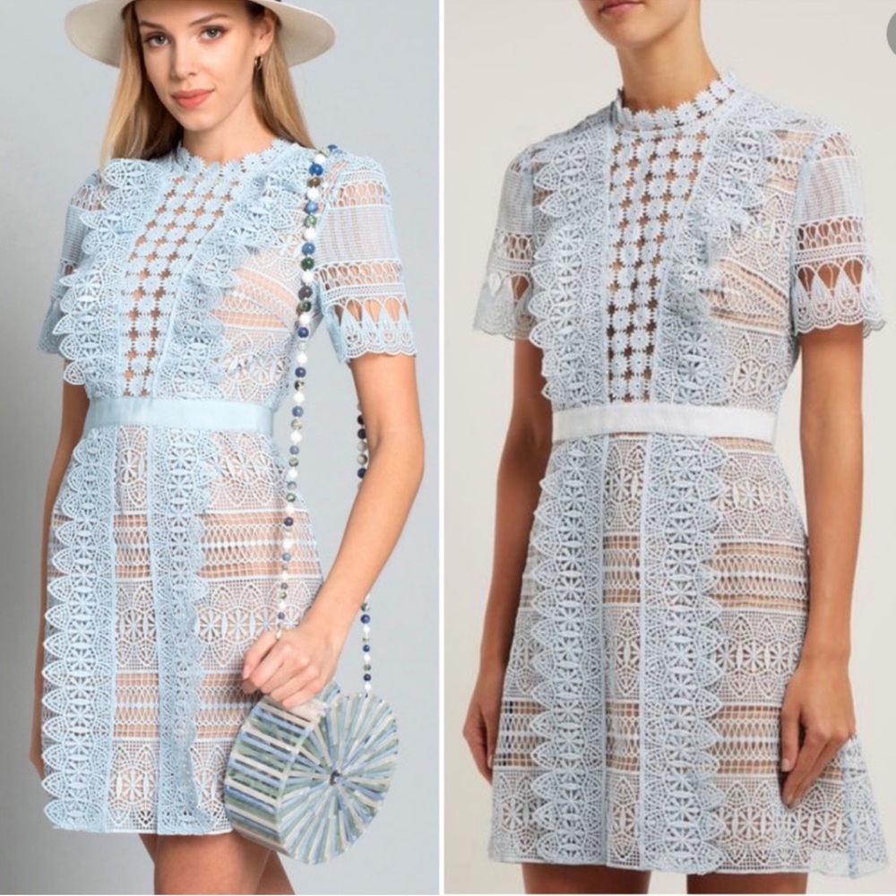 Self-Portrait Blue Spiral Panel Lace Mini Dress Guipure Size 4 - Picture 9 of 16